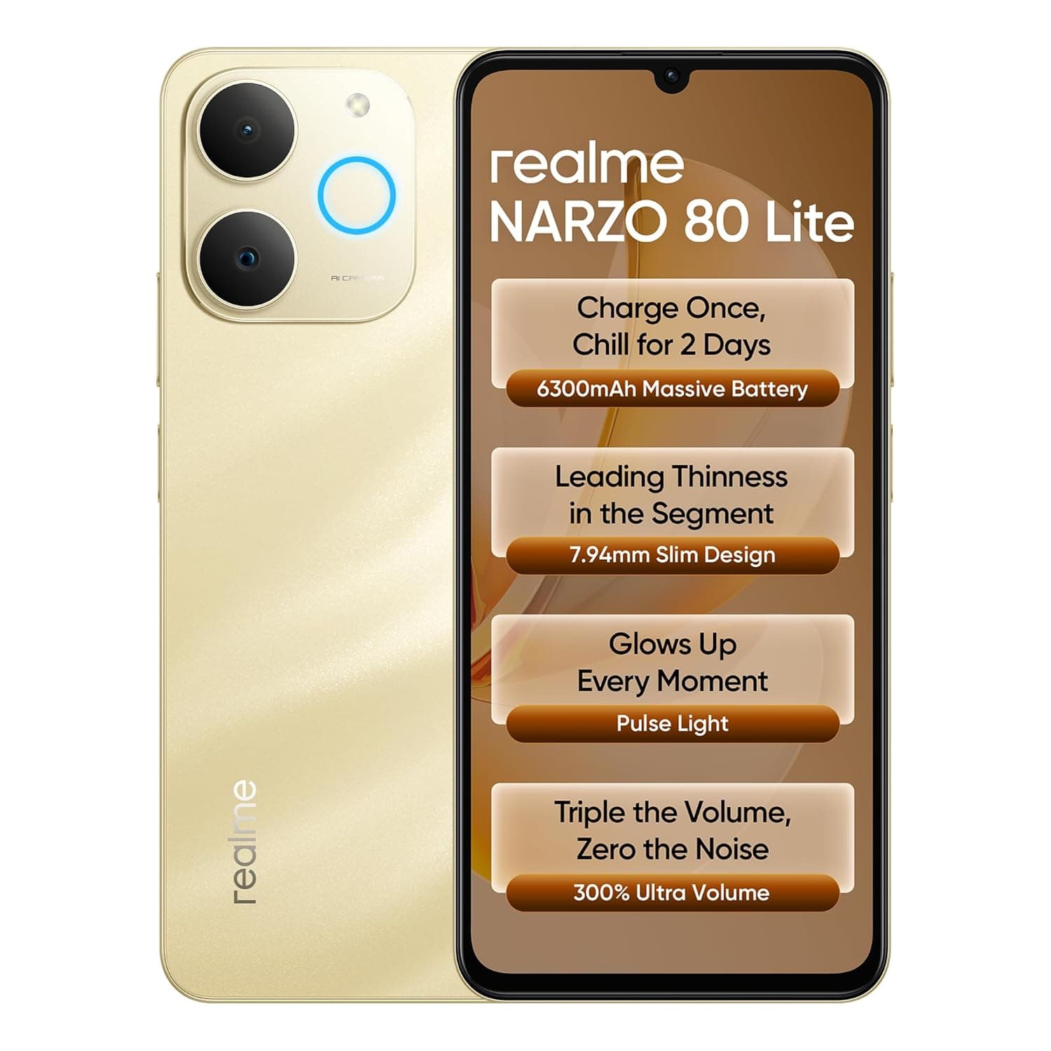 (second hand) realme NARZO 80 Lite 4G (Beach Gold, 4GB+64GB) | 6300mAh Segment's Biggest Battery | 7.94mm Slim Design | 300% Ultra Volume | Pulse Light: 9 Colors, 5 Glow Modes | Ai Assist