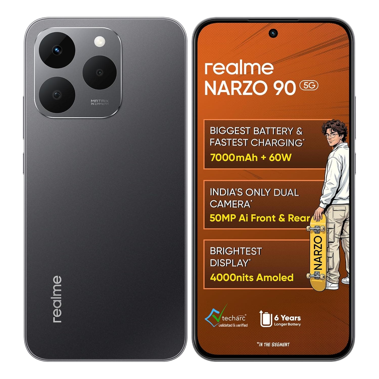 (second hand) realme NARZO 90 5G (Carbon Black,6GB+128GB) | 7000mAh Biggest Battery | 60W Fastest Charging | 50MP Front & Rear AI Cameras | 4000nits Brightest Display | AI Assist | IP69 Dust & Water Resistance